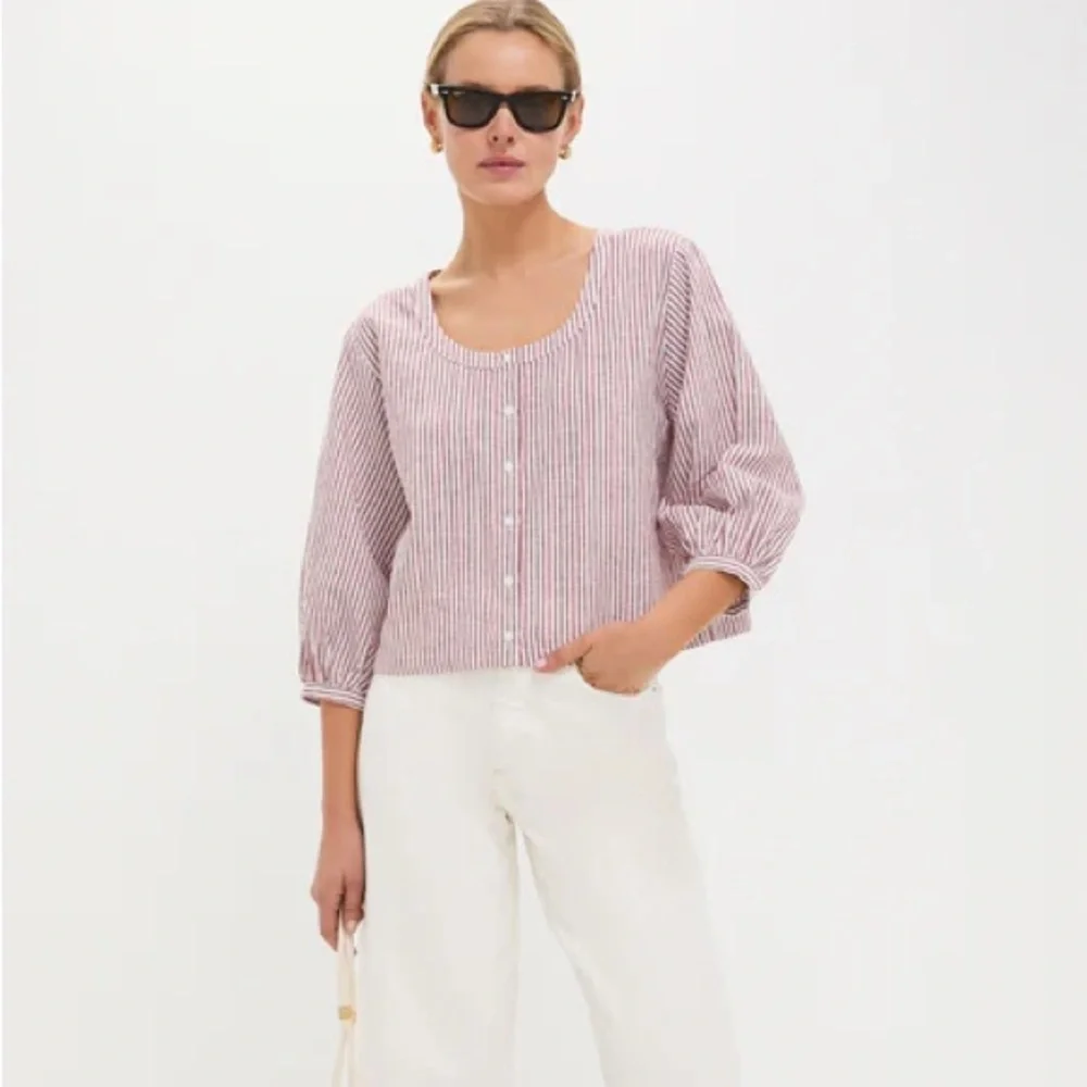 Tuckernuck Red Stripe Linen Kennedi Blouse Size Large Boxy Preppy - Picture 2 of 14